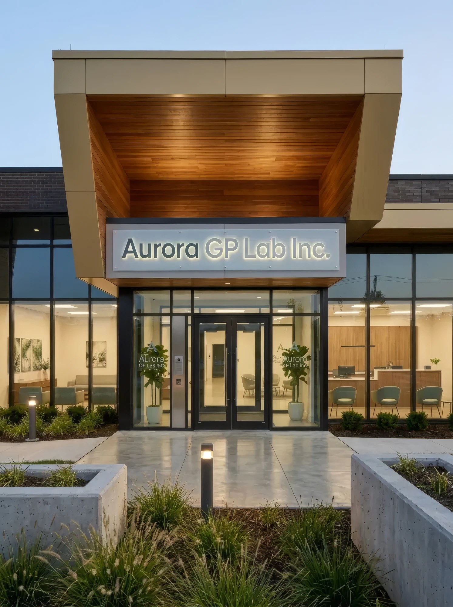 The entrance to the Aurora GP Lab building at dusk, with the illuminated Aurora GP Lab Inc. sign