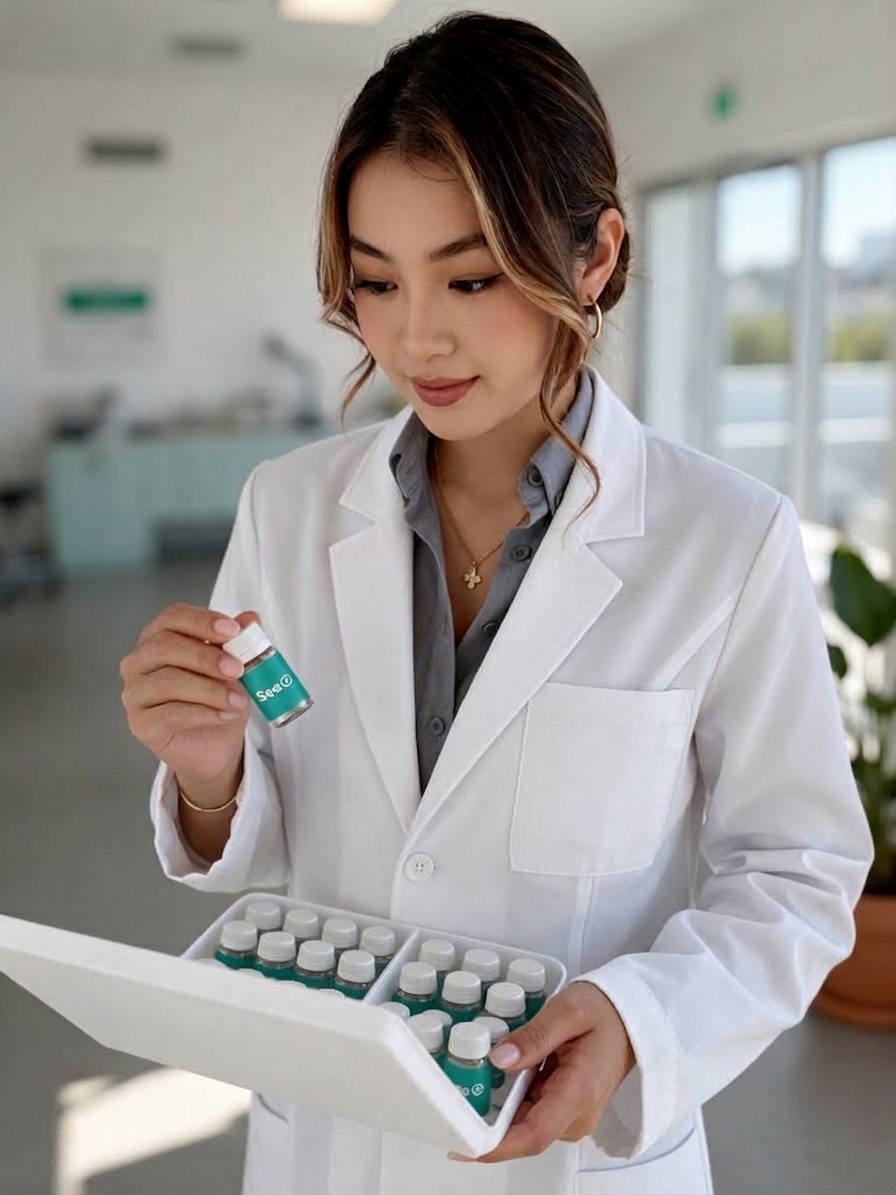 An optometrist holding a See Z vial beside a tray of fitting lenses