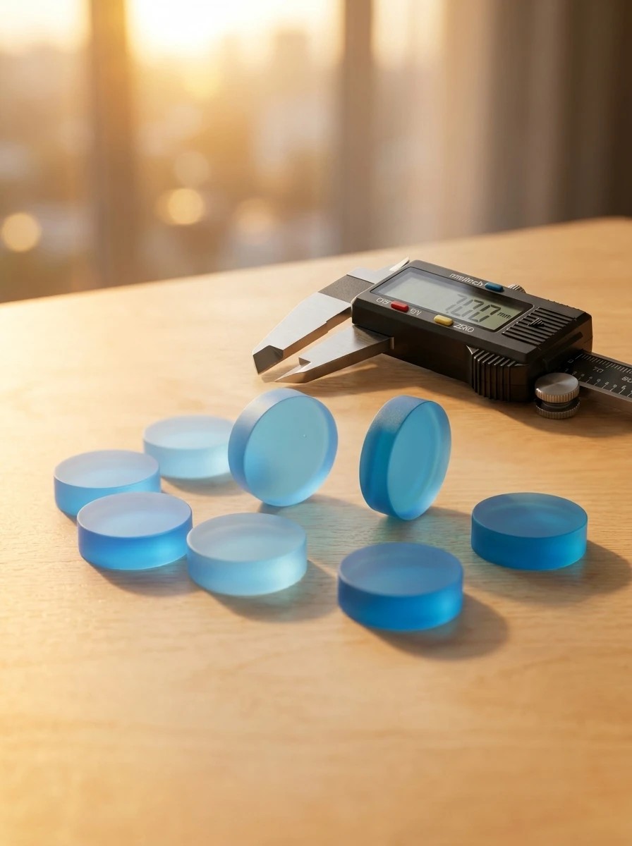 Blue RGP contact lens material buttons on a wooden bench beside a digital caliper, ready for lathing