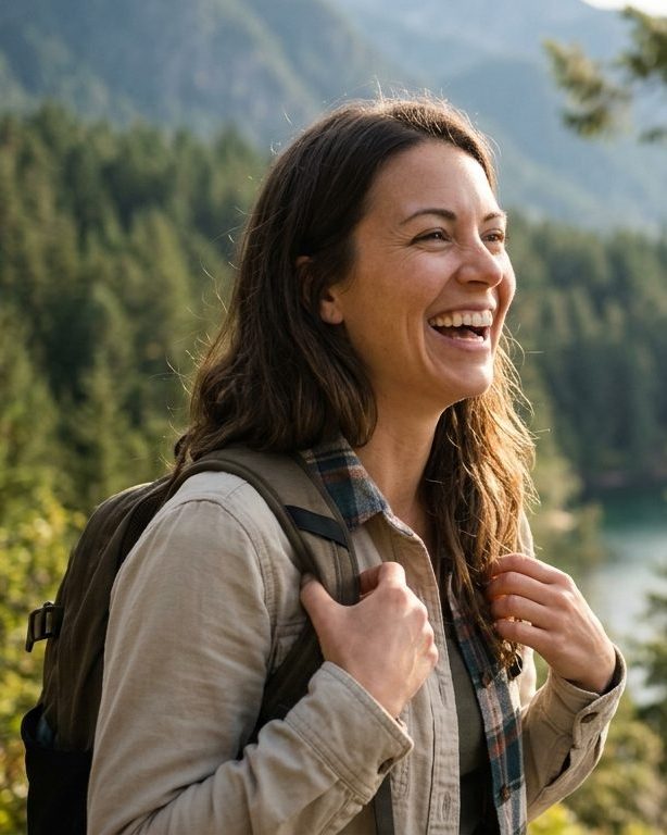 A See Z ortho-k patient laughing outdoors on a forest trail above a lake, without glasses